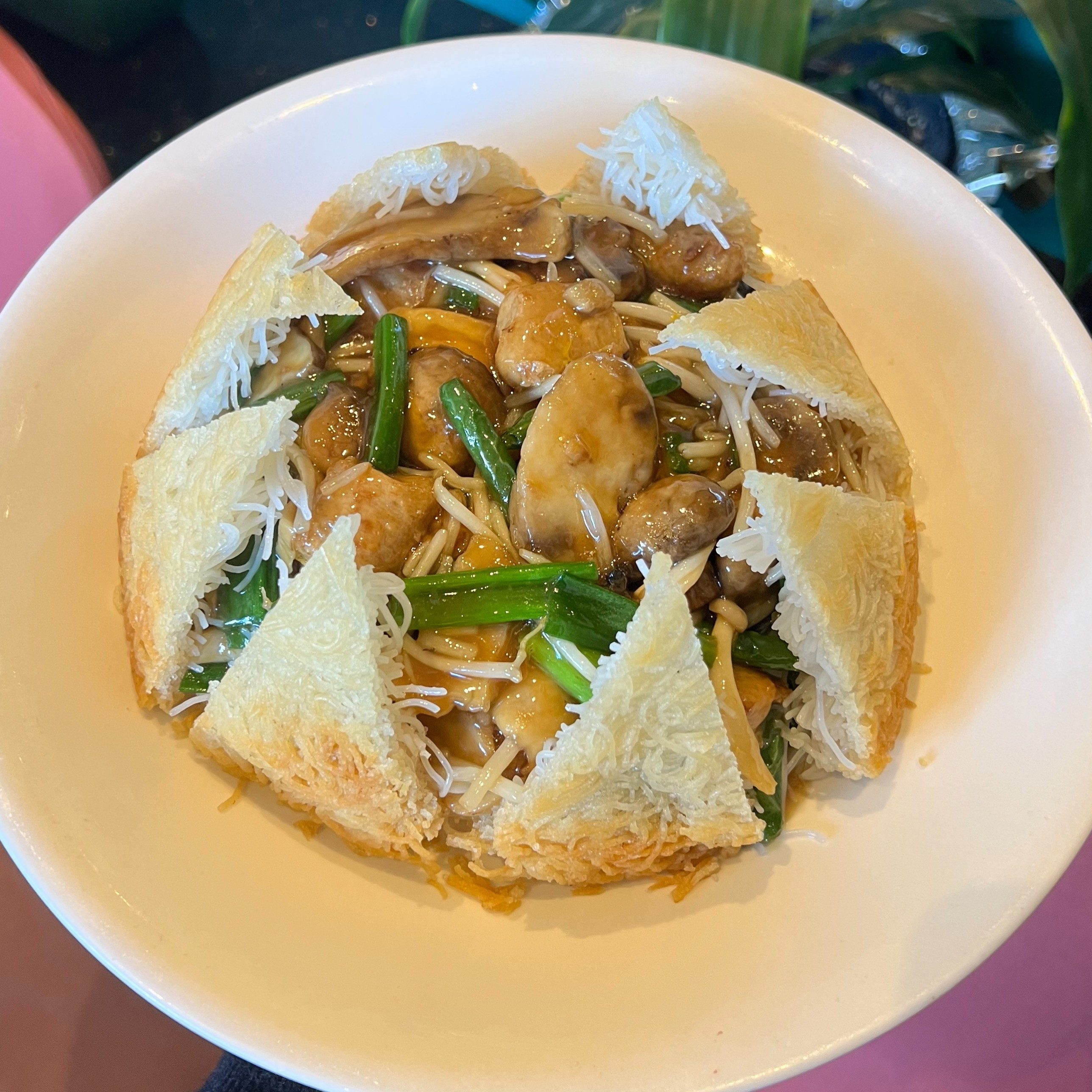 Vegan Pan Fried Rice Noodle with Chikn' Mixed Mushroom.