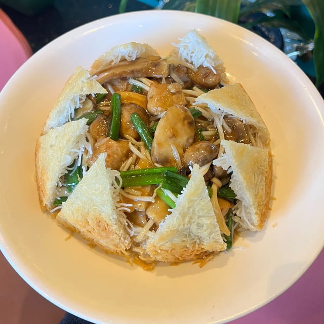 Vegan Pan Fried Rice Noodle with Chikn' Mixed Mushroom.